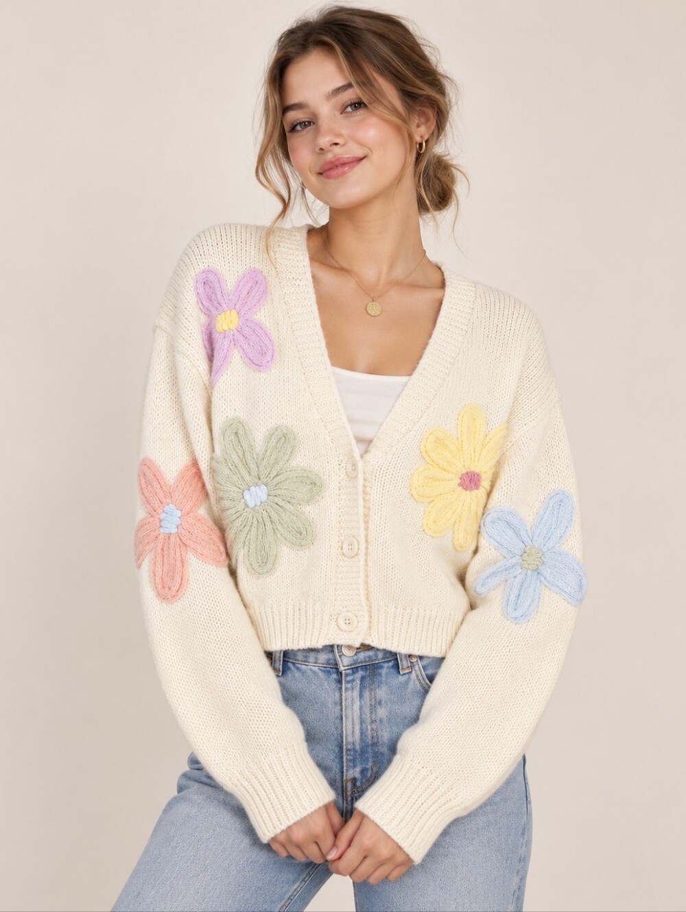 Dreamers by Debut Floral Cardigan Size XS Button Up Flower Sweater V Neck Daisy